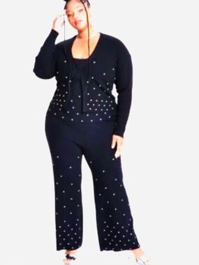 Nina Parker Chic Black Rhinestone Wide Leg 3 Piece Set Size 1X